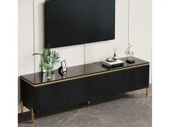 Móvel De Tv*ModernLuxe Móvel de TV moderno envernizado brilhante - 170x38x50 cm - 4 portas - Acabamentos dourados - Pés de metal - Preto