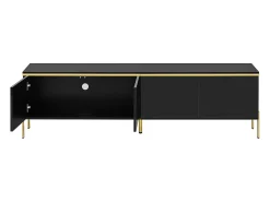 Móvel De Tv*ModernLuxe Móvel de TV moderno envernizado brilhante - 170x38x50 cm - 4 portas - Acabamentos dourados - Pés de metal - Preto