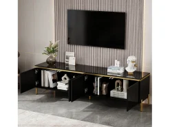 Móvel De Tv*ModernLuxe Móvel de TV moderno envernizado brilhante - 170x38x50 cm - 4 portas - Acabamentos dourados - Pés de metal - Preto