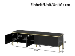 Móvel De Tv*ModernLuxe Móvel de TV moderno envernizado brilhante - 170x38x50 cm - 4 portas - Acabamentos dourados - Pés de metal - Preto