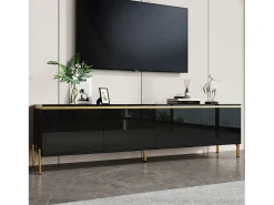 Móvel De Tv*ModernLuxe Móvel de TV moderno envernizado brilhante - 170x38x50 cm - 4 portas - Acabamentos dourados - Pés de metal - Preto