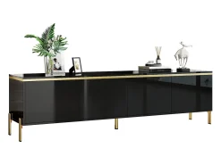 Móvel De Tv*ModernLuxe Móvel de TV moderno envernizado brilhante - 170x38x50 cm - 4 portas - Acabamentos dourados - Pés de metal - Preto