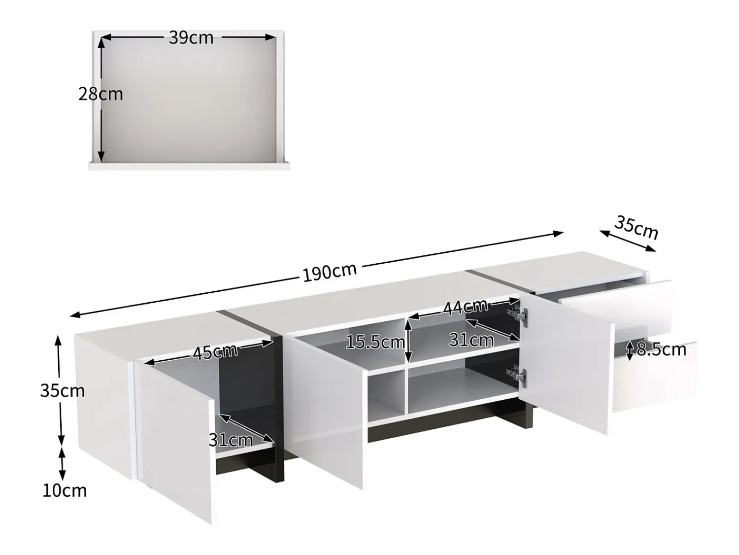Móvel de TV moderno, Móvel com 2 gavetas e 3 portas, Móvel multifuncional com prateleiras, Branco