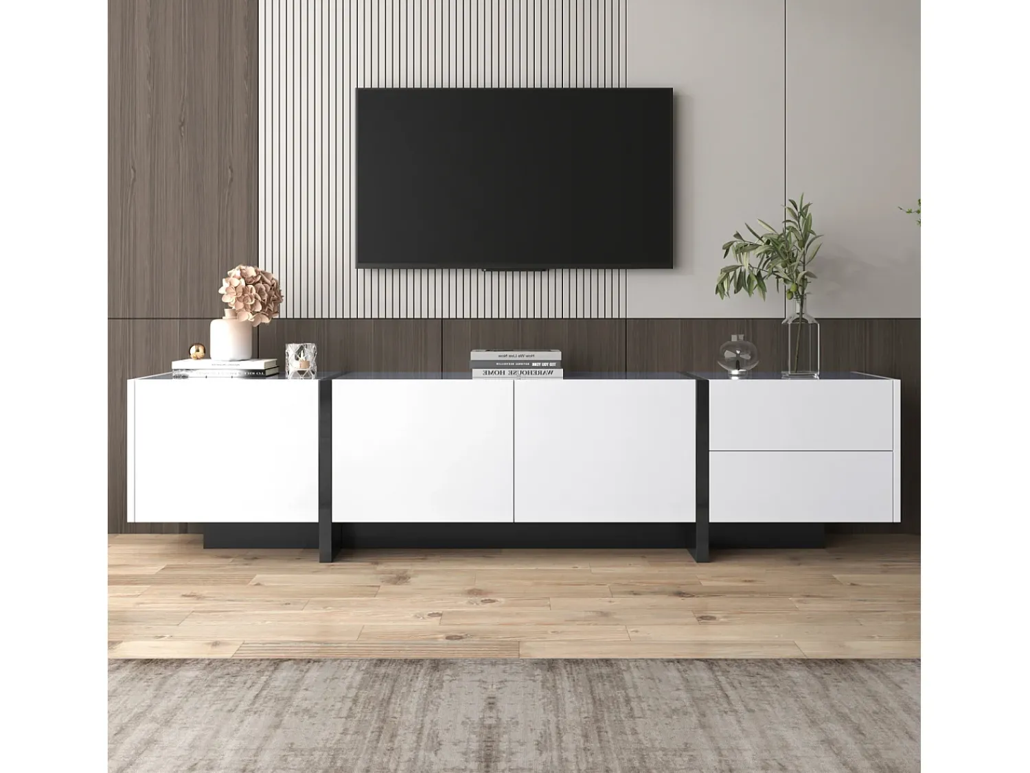 Móvel de TV moderno, Móvel com 2 gavetas e 3 portas, Móvel multifuncional com prateleiras, Branco