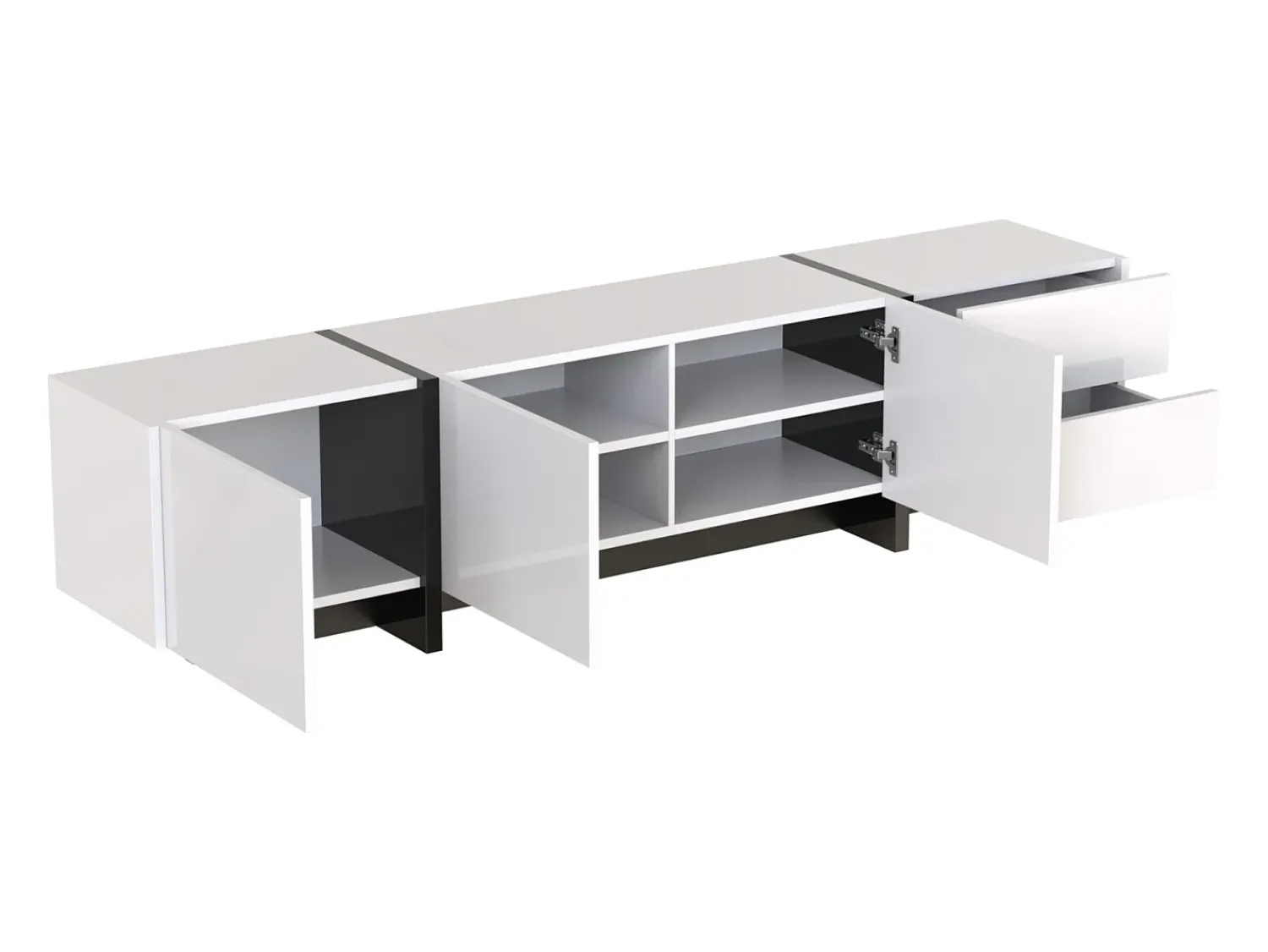 Móvel de TV moderno, Móvel com 2 gavetas e 3 portas, Móvel multifuncional com prateleiras, Branco