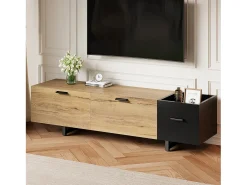 Merax Móvel de TV moderno para sala de estar - 180 x 38 x 49 cm - com gavetas + portas + espaço de armazenamento fechado + LEDs - madeira - preto + natural^ Móvel De Tv
