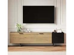 Merax Móvel de TV moderno para sala de estar - 180 x 38 x 49 cm - com gavetas + portas + espaço de armazenamento fechado + LEDs - madeira - preto + natural^ Móvel De Tv
