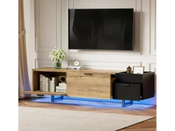 Merax Móvel de TV moderno para sala de estar - 180 x 38 x 49 cm - com gavetas + portas + espaço de armazenamento fechado + LEDs - madeira - preto + natural^ Móvel De Tv