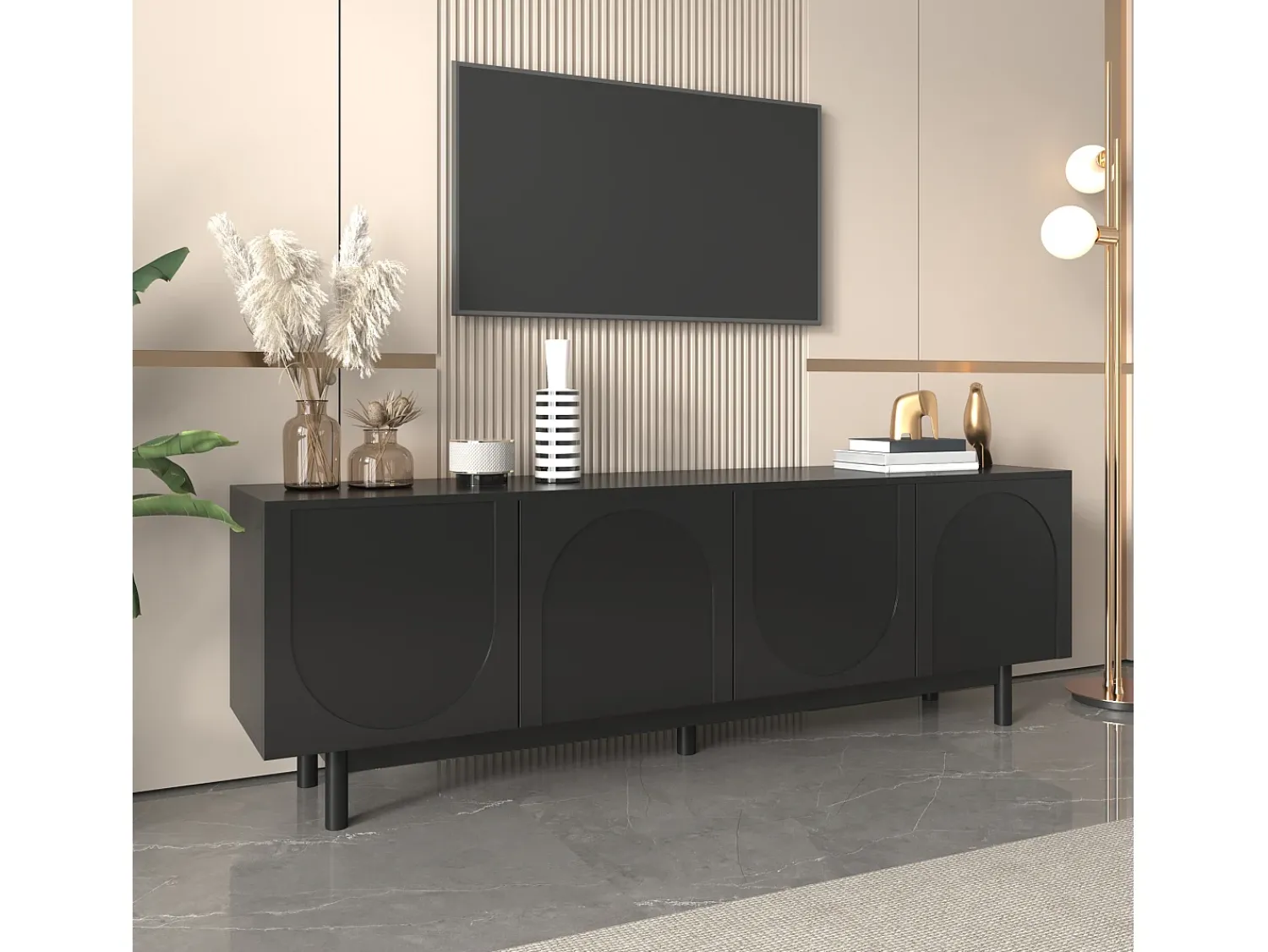 New Hauss Spole Móvel de TV moderno com 4 portas - prateleira ajustável - 175 x 38 x 56 cm Preto