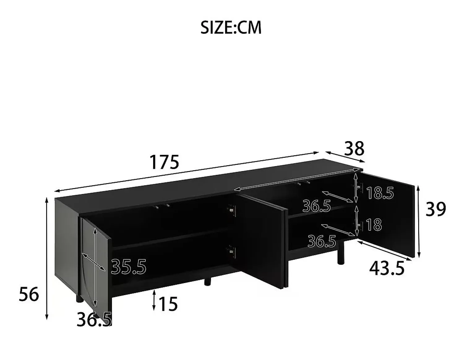 New Hauss Spole Móvel de TV moderno com 4 portas - prateleira ajustável - 175 x 38 x 56 cm Preto