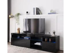 Sale Móvel de TV moderno Schwarz com painel brilhante e iluminação LED variável para sala de estar e jantar, 180 cm. Preto