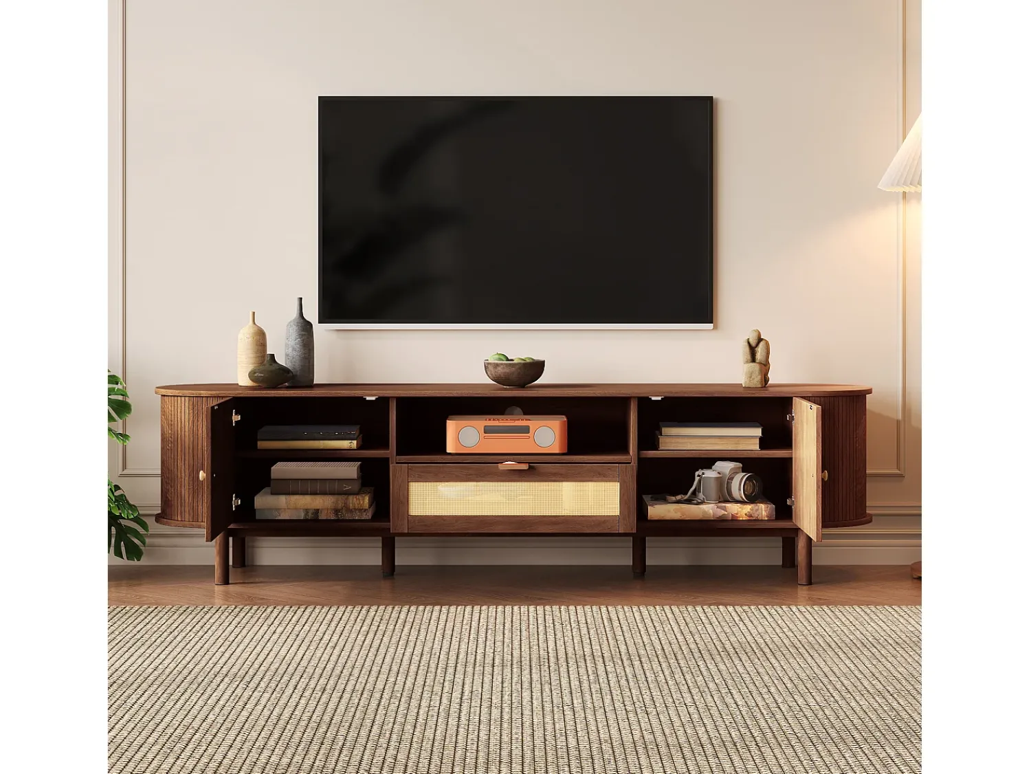 Sale ModernLuxe Móvel de TV moderno 175x36x51 cm - 1 gaveta de rattan e 2 portas - Prateleiras abertas - Marrom Castanho