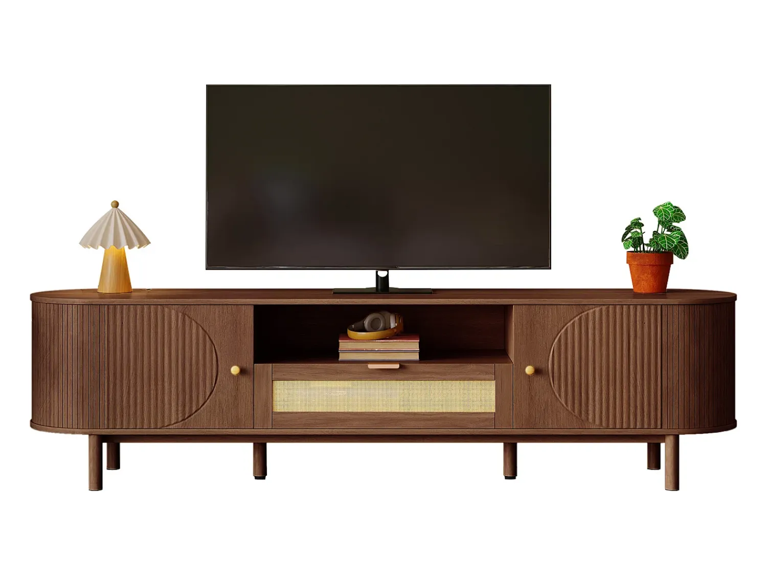 Sale ModernLuxe Móvel de TV moderno 175x36x51 cm - 1 gaveta de rattan e 2 portas - Prateleiras abertas - Marrom Castanho