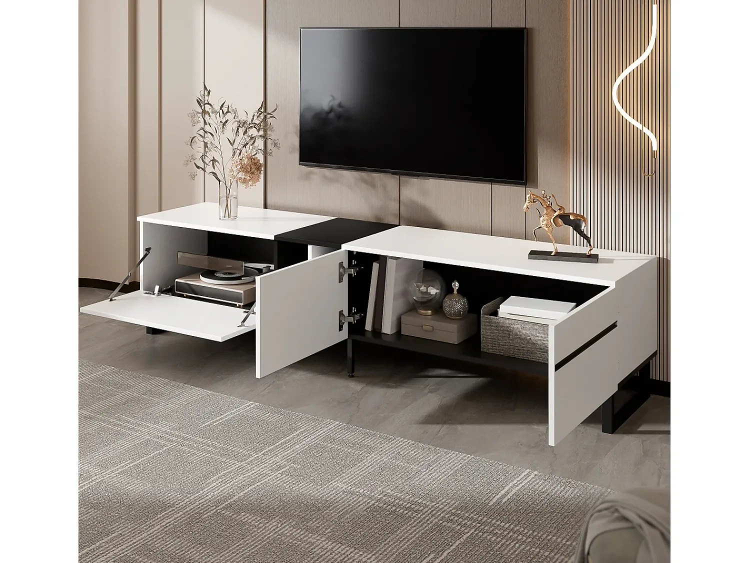 Móvel De Tv|ModernLuxe Móvel de TV moderno 180x38x45 cm - 3 portas - com prateleiras abertas - Branco