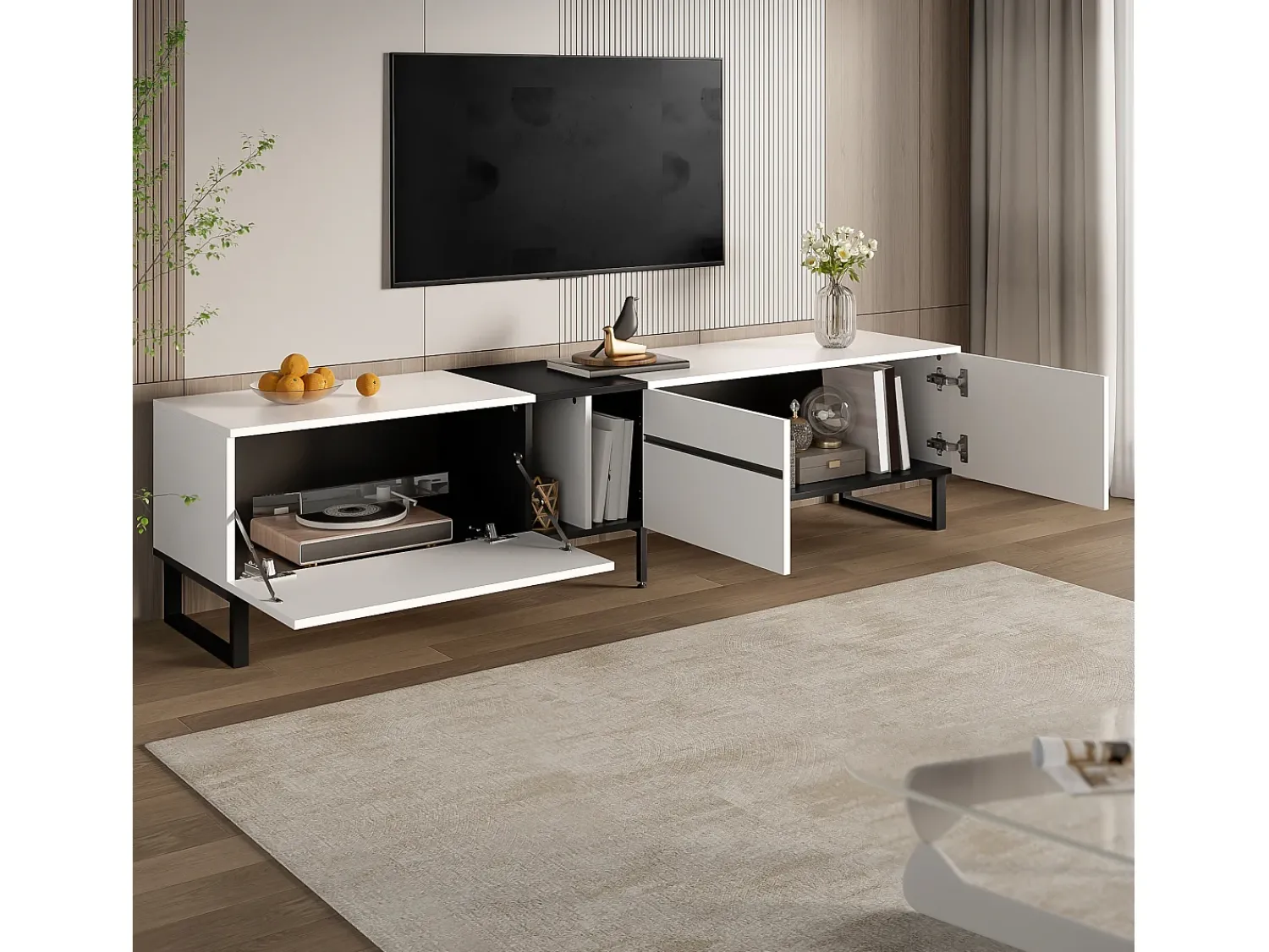 Móvel De Tv|ModernLuxe Móvel de TV moderno 180x38x45 cm - 3 portas - com prateleiras abertas - Branco