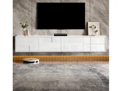 Hot ModernLuxe Móvel de TV moderno 170x30x30,5 cm - Fixação de parede ou com pés - Acabamento brilhante - 3 portas e 2 gavetas - Branco