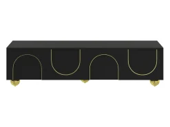 ModernLuxe Móvel de TV moderno 170x38x44 cm - com 4 portas texturizadas - borda dourada - pés redondos dourados - preto^ Móvel De Tv