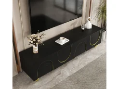 ModernLuxe Móvel de TV moderno 170x38x44 cm - com 4 portas texturizadas - borda dourada - pés redondos dourados - preto^ Móvel De Tv
