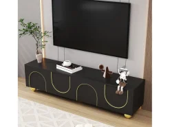 ModernLuxe Móvel de TV moderno 170x38x44 cm - com 4 portas texturizadas - borda dourada - pés redondos dourados - preto^ Móvel De Tv