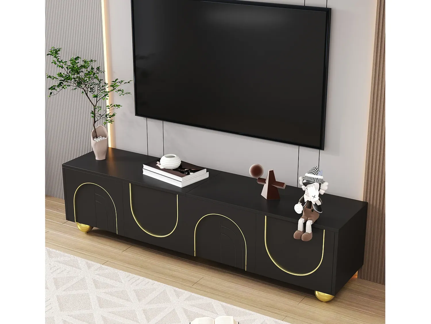 ModernLuxe Móvel de TV moderno 170x38x44 cm - com 4 portas texturizadas - borda dourada - pés redondos dourados - preto^ Móvel De Tv