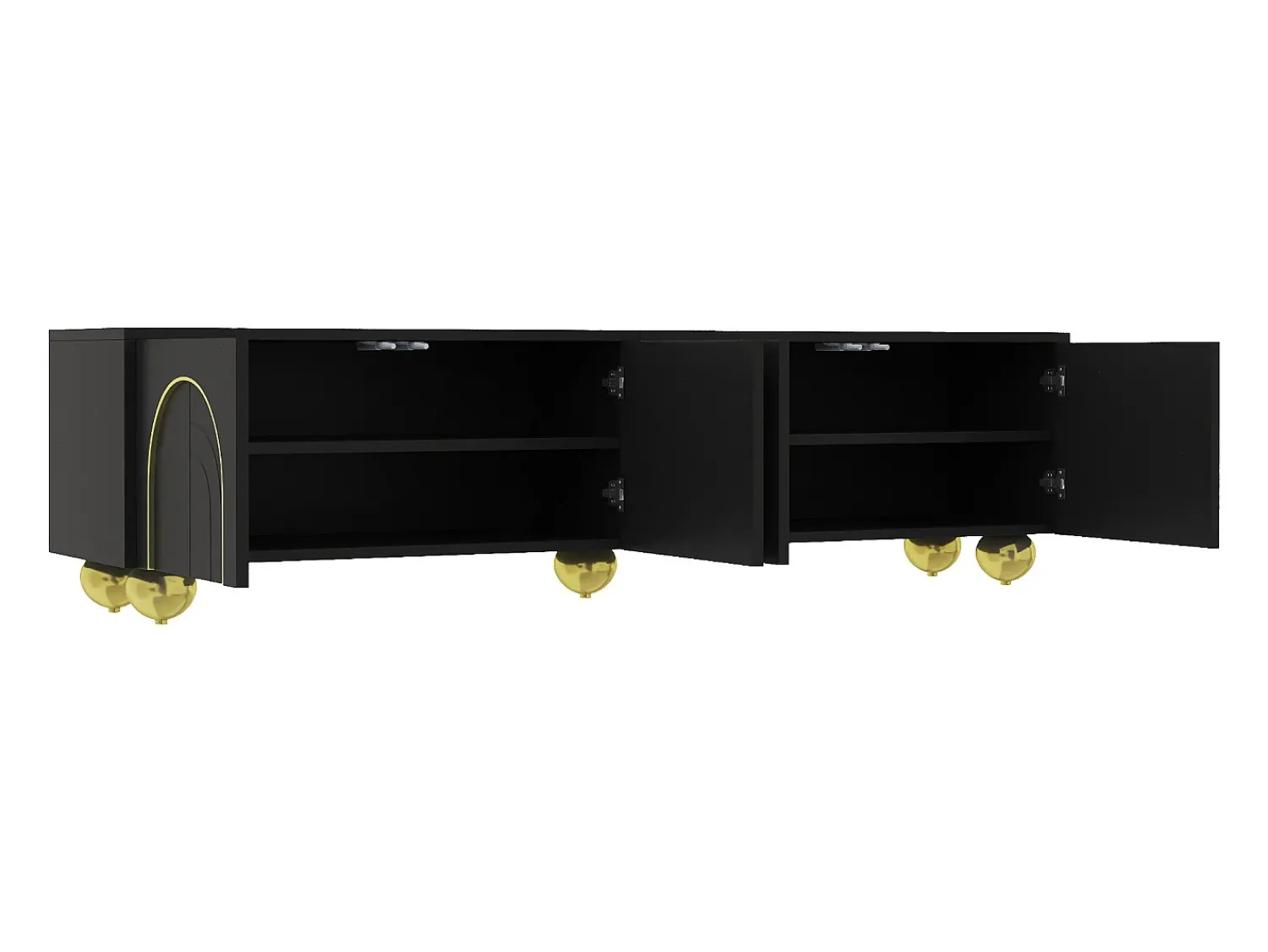 ModernLuxe Móvel de TV moderno 170x38x44 cm - com 4 portas texturizadas - borda dourada - pés redondos dourados - preto^ Móvel De Tv