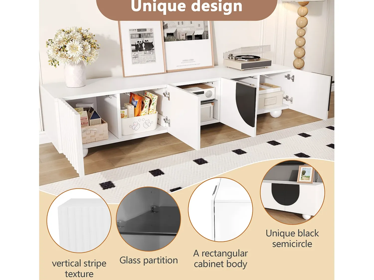 Hot ModernLuxe Móvel de TV moderno 180x40x41,5 cm - 4 portas - Prateleiras abertas - Pés esféricos - MDF + painéis de partículas - Branco