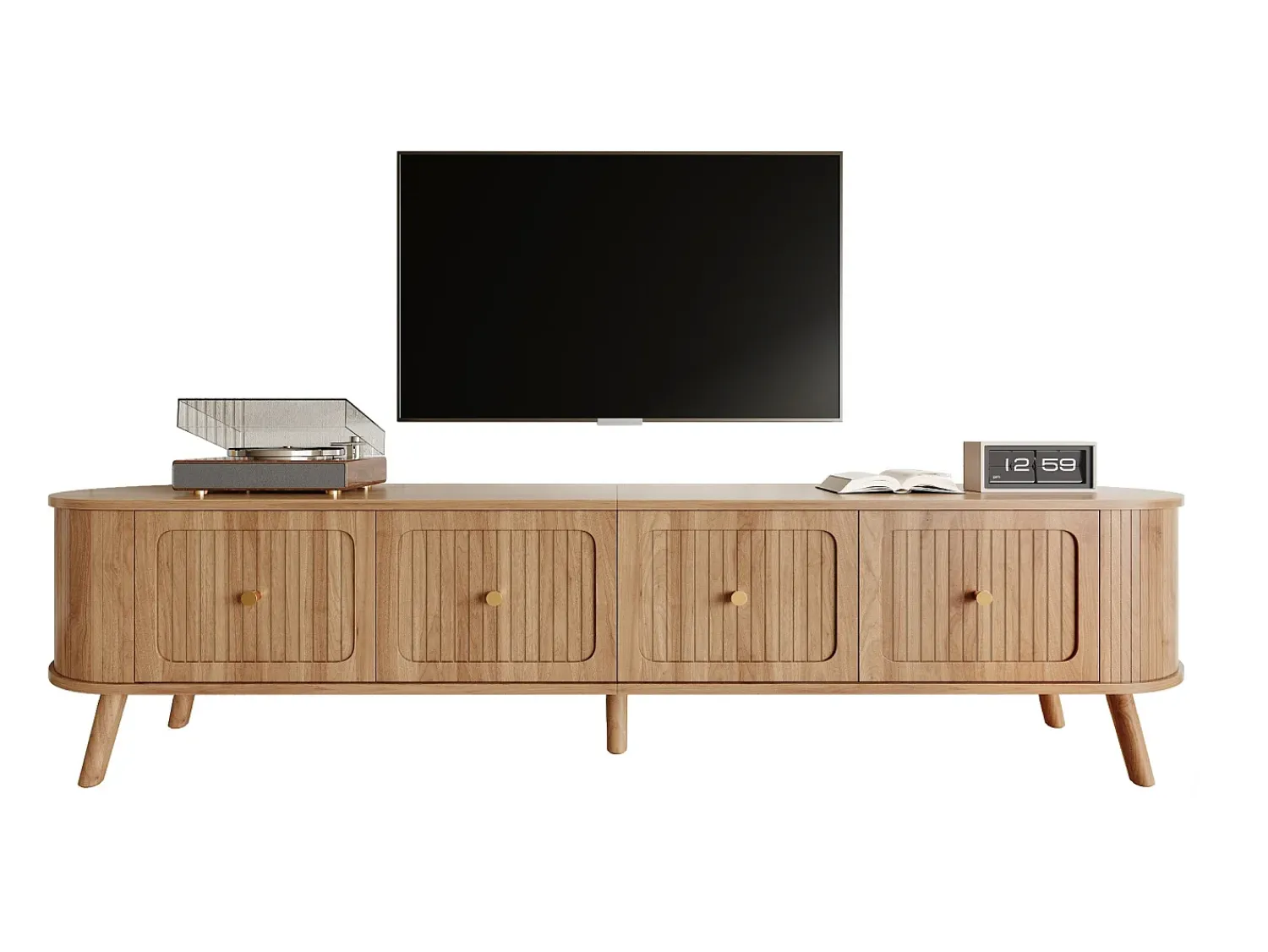 ModernLuxe Móvel de TV moderno 180x38x47 cm - 4 portas - puxadores dourados - pés de madeira - natural^ Móvel De Tv
