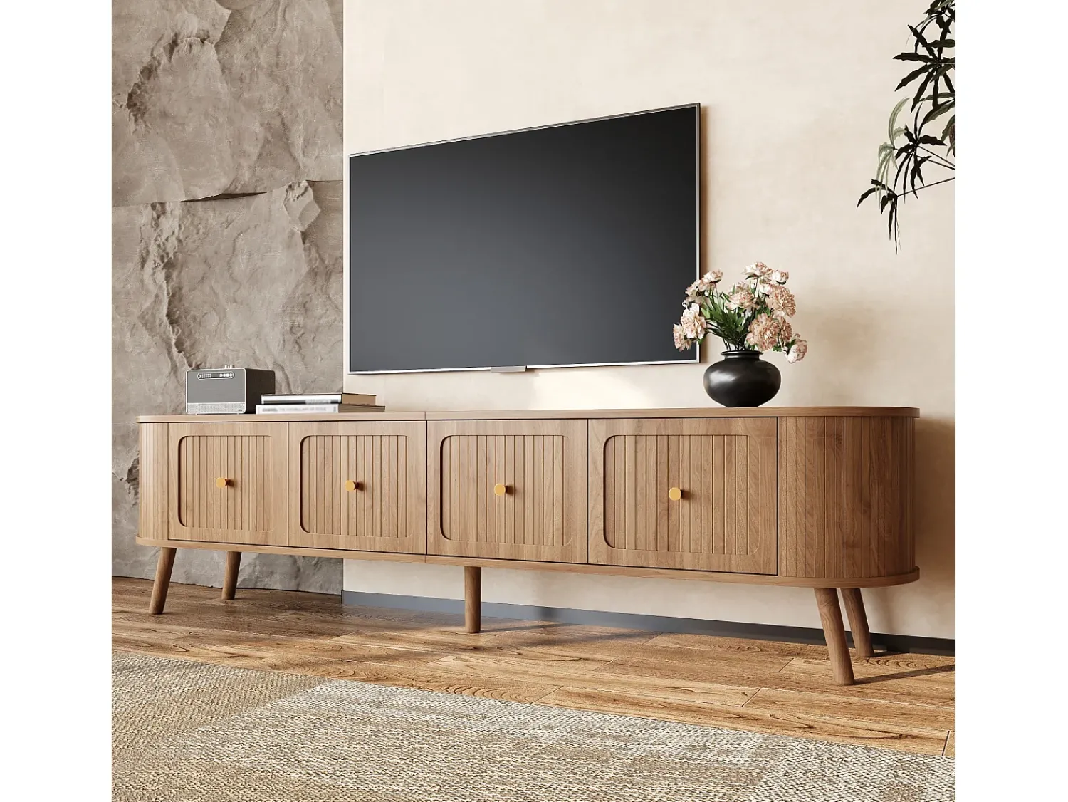 ModernLuxe Móvel de TV moderno 180x38x47 cm - 4 portas - puxadores dourados - pés de madeira - natural^ Móvel De Tv