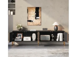 Móvel De Tv*ModernLuxe Móvel de TV moderno 179x35x53,5 cm - 4 portas - Pés de metal - Design sem puxadores - Painéis de partículas - Natural e preto Natural claro