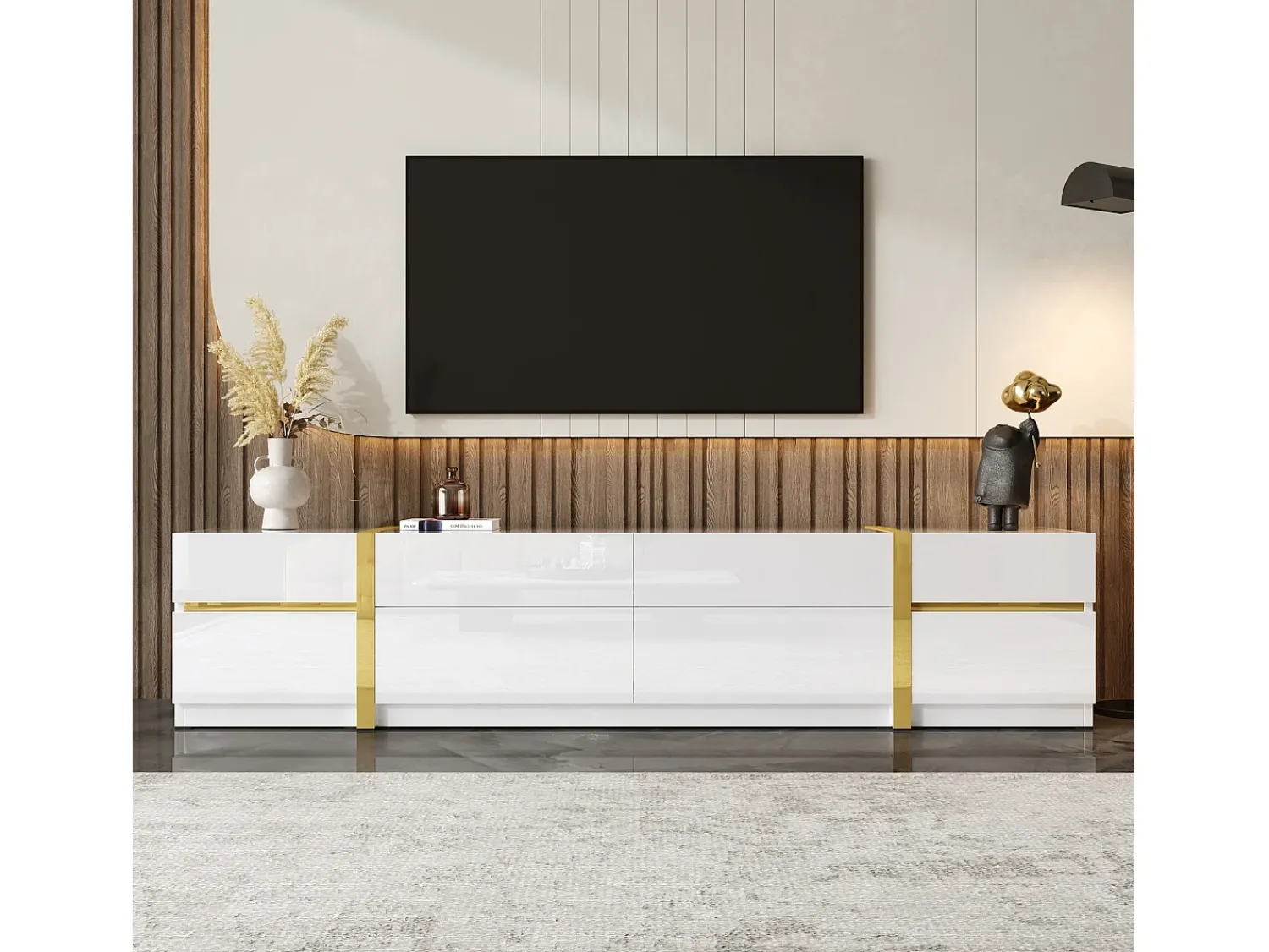 ModernLuxe Móvel de TV moderno 180x40x38 cm - Acabamento brilhante - 4 gavetas e 2 portas - bordas douradas - MDF -^ Móvel De Tv