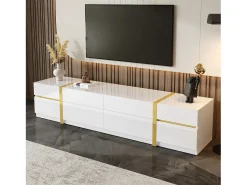 ModernLuxe Móvel de TV moderno 180x40x38 cm - Acabamento brilhante - 4 gavetas e 2 portas - bordas douradas - MDF -^ Móvel De Tv