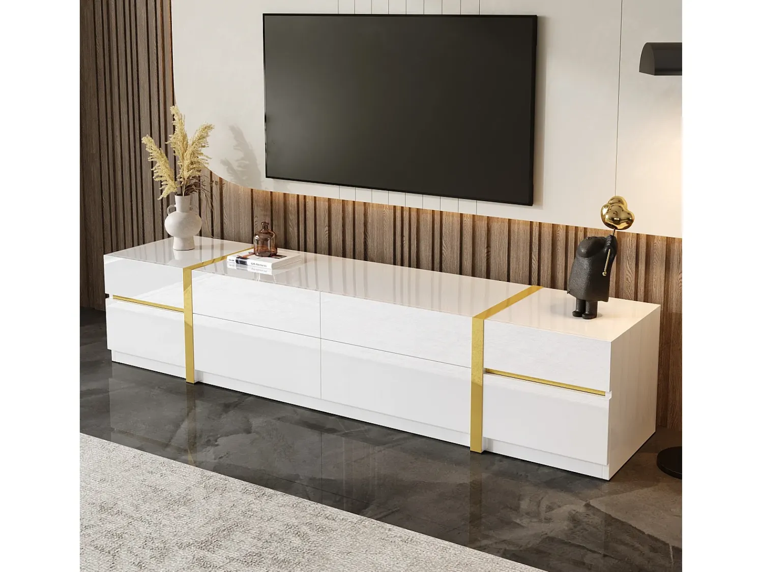 ModernLuxe Móvel de TV moderno 180x40x38 cm - Acabamento brilhante - 4 gavetas e 2 portas - bordas douradas - MDF -^ Móvel De Tv