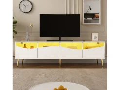 Móvel De Tv*ModernLuxe Móvel de TV moderno 180x40x50 cm - 4 gavetas - com iluminação LED - Pés de metal - Fachada de vidro - Branco