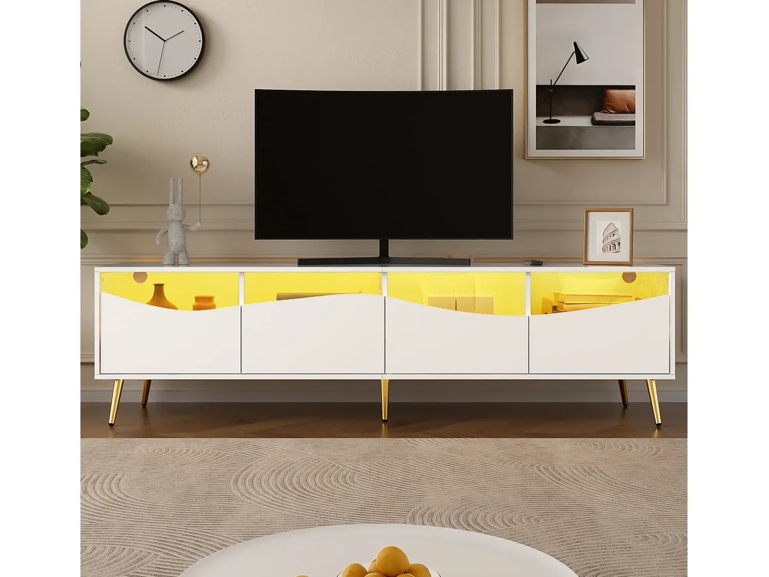 Móvel De Tv*ModernLuxe Móvel de TV moderno 180x40x50 cm - 4 gavetas - com iluminação LED - Pés de metal - Fachada de vidro - Branco