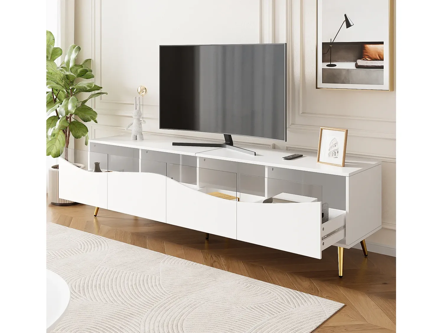 Móvel De Tv*ModernLuxe Móvel de TV moderno 180x40x50 cm - 4 gavetas - com iluminação LED - Pés de metal - Fachada de vidro - Branco