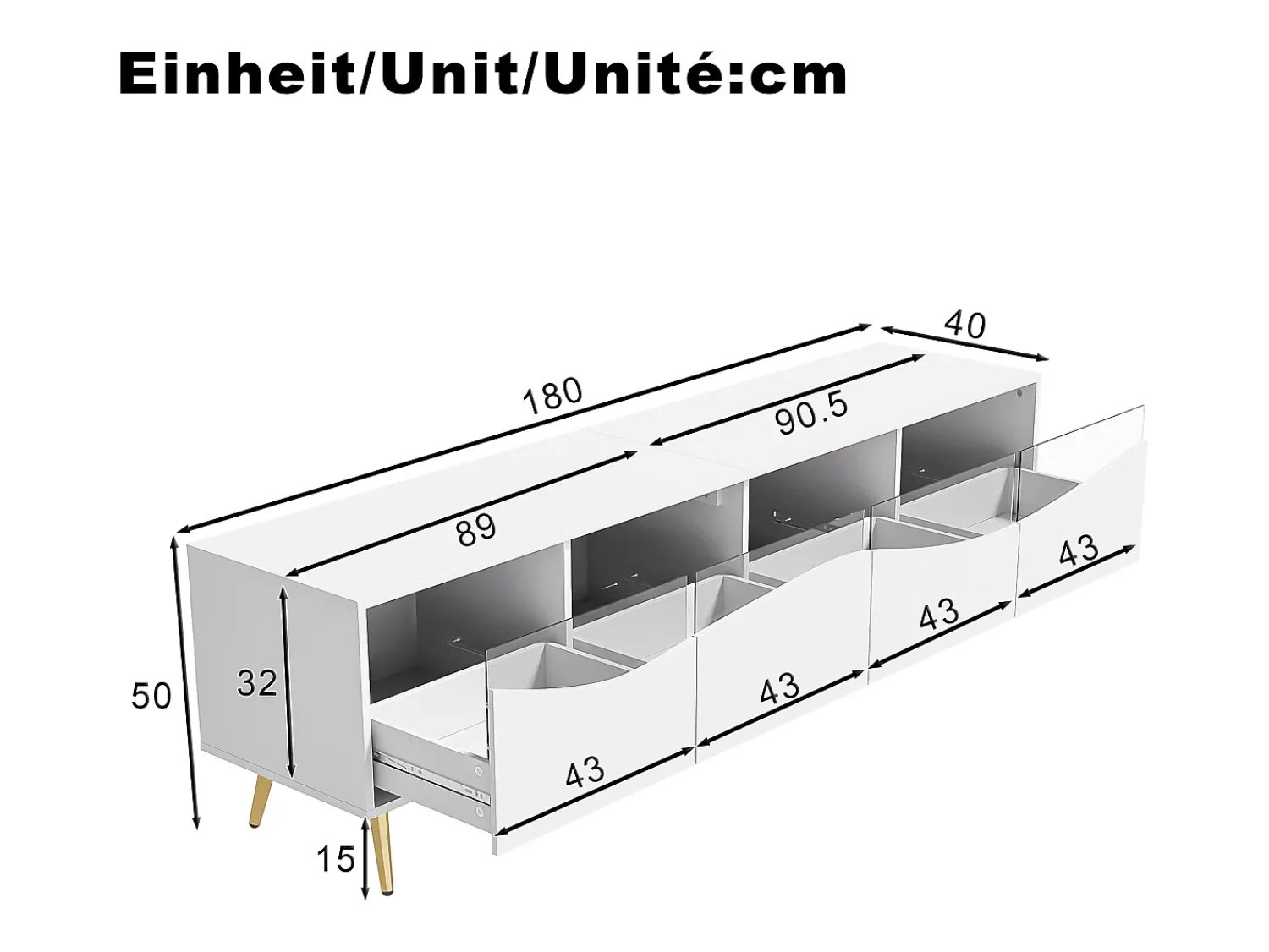 Móvel De Tv*ModernLuxe Móvel de TV moderno 180x40x50 cm - 4 gavetas - com iluminação LED - Pés de metal - Fachada de vidro - Branco