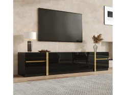 Móvel De Tv|ModernLuxe Móvel de TV moderno 180x40x38 cm - Acabamento brilhante - 4 gavetas e 2 portas - bordas douradas - MDF - Preto