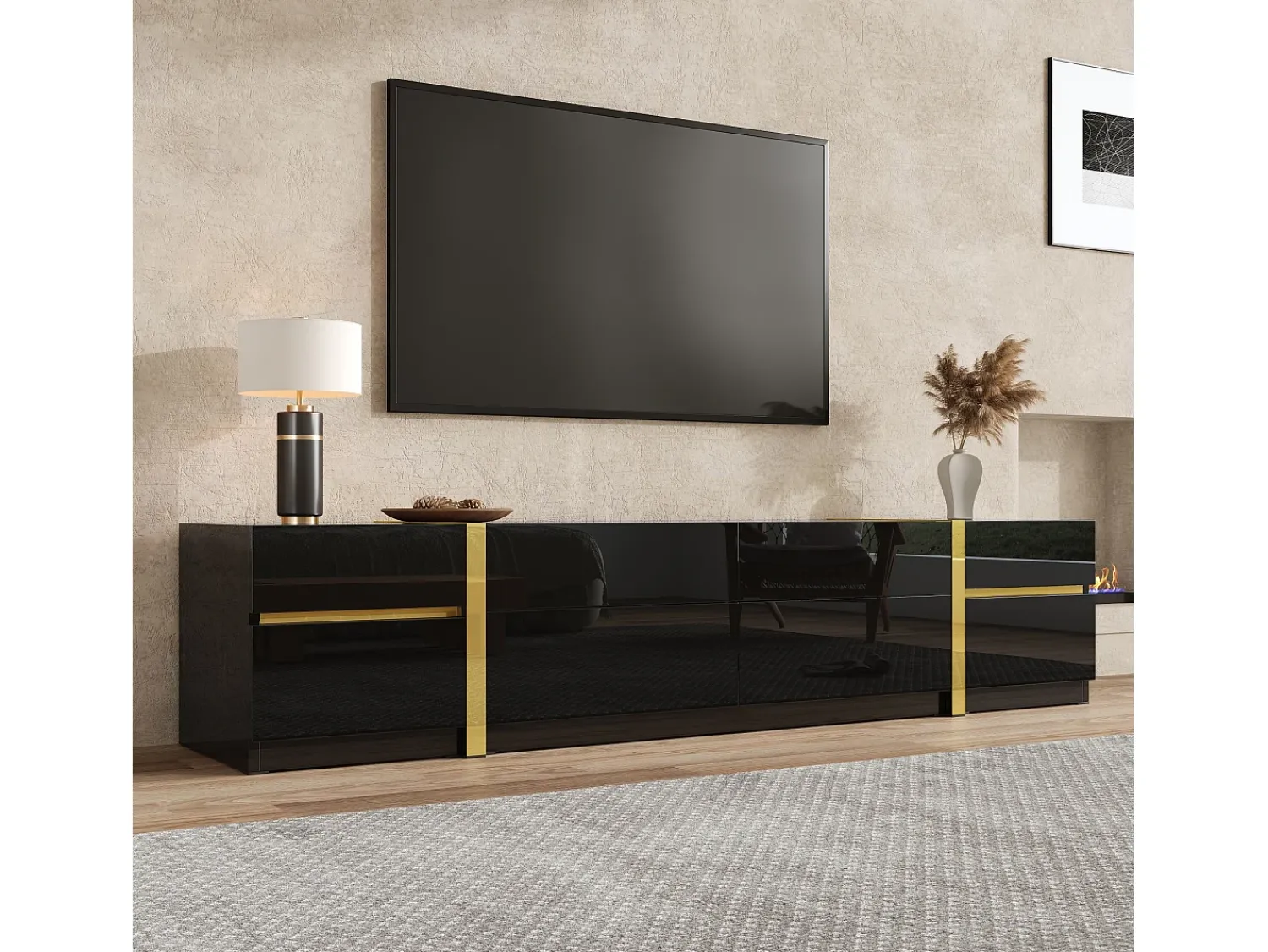 Móvel De Tv|ModernLuxe Móvel de TV moderno 180x40x38 cm - Acabamento brilhante - 4 gavetas e 2 portas - bordas douradas - MDF - Preto