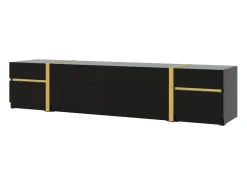 Móvel De Tv|ModernLuxe Móvel de TV moderno 180x40x38 cm - Acabamento brilhante - 4 gavetas e 2 portas - bordas douradas - MDF - Preto