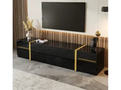 Móvel De Tv|ModernLuxe Móvel de TV moderno 180x40x38 cm - Acabamento brilhante - 4 gavetas e 2 portas - bordas douradas - MDF - Preto