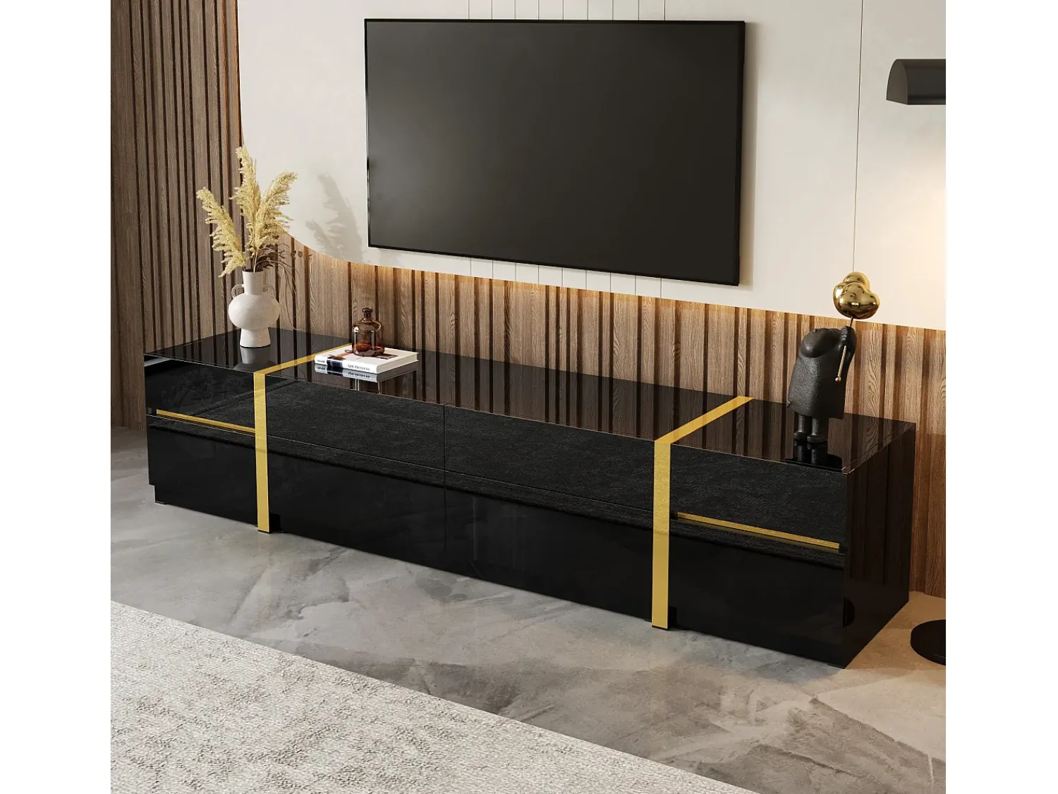 Móvel De Tv|ModernLuxe Móvel de TV moderno 180x40x38 cm - Acabamento brilhante - 4 gavetas e 2 portas - bordas douradas - MDF - Preto