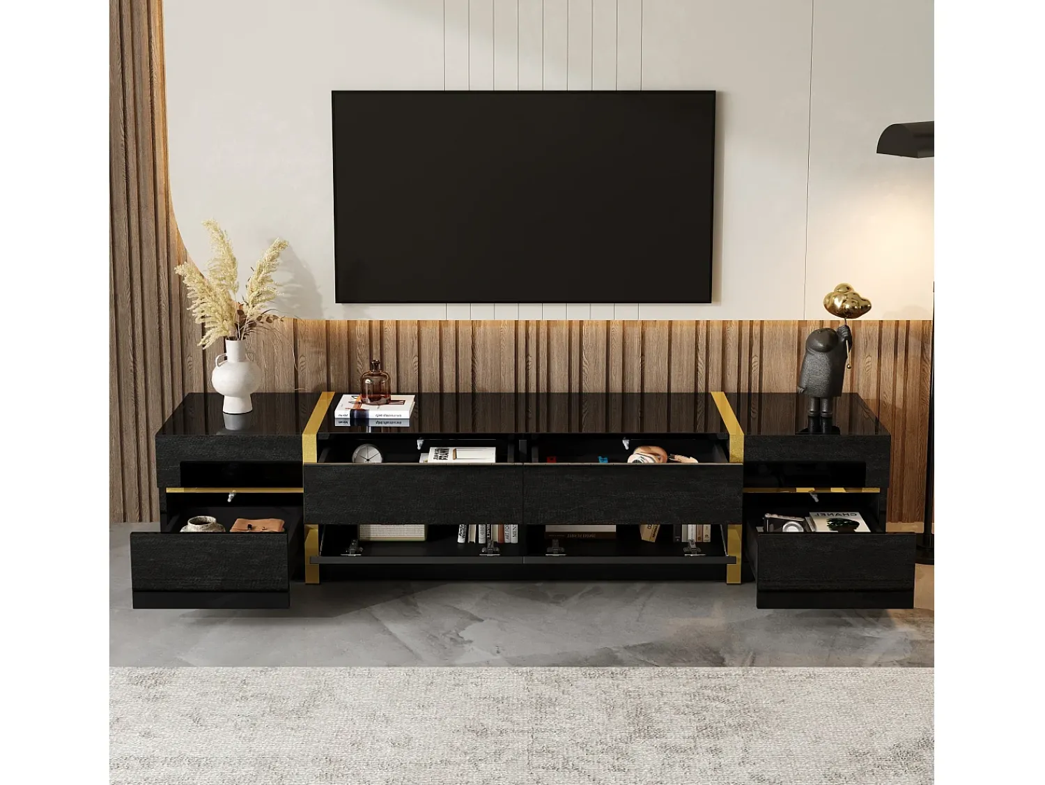 Móvel De Tv|ModernLuxe Móvel de TV moderno 180x40x38 cm - Acabamento brilhante - 4 gavetas e 2 portas - bordas douradas - MDF - Preto