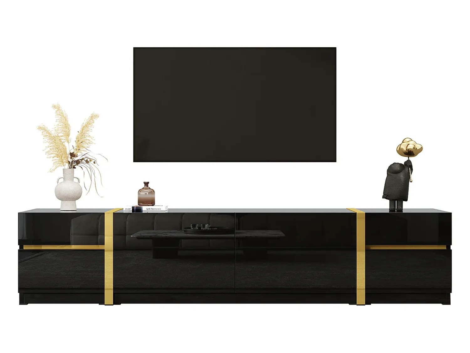 Móvel De Tv|ModernLuxe Móvel de TV moderno 180x40x38 cm - Acabamento brilhante - 4 gavetas e 2 portas - bordas douradas - MDF - Preto