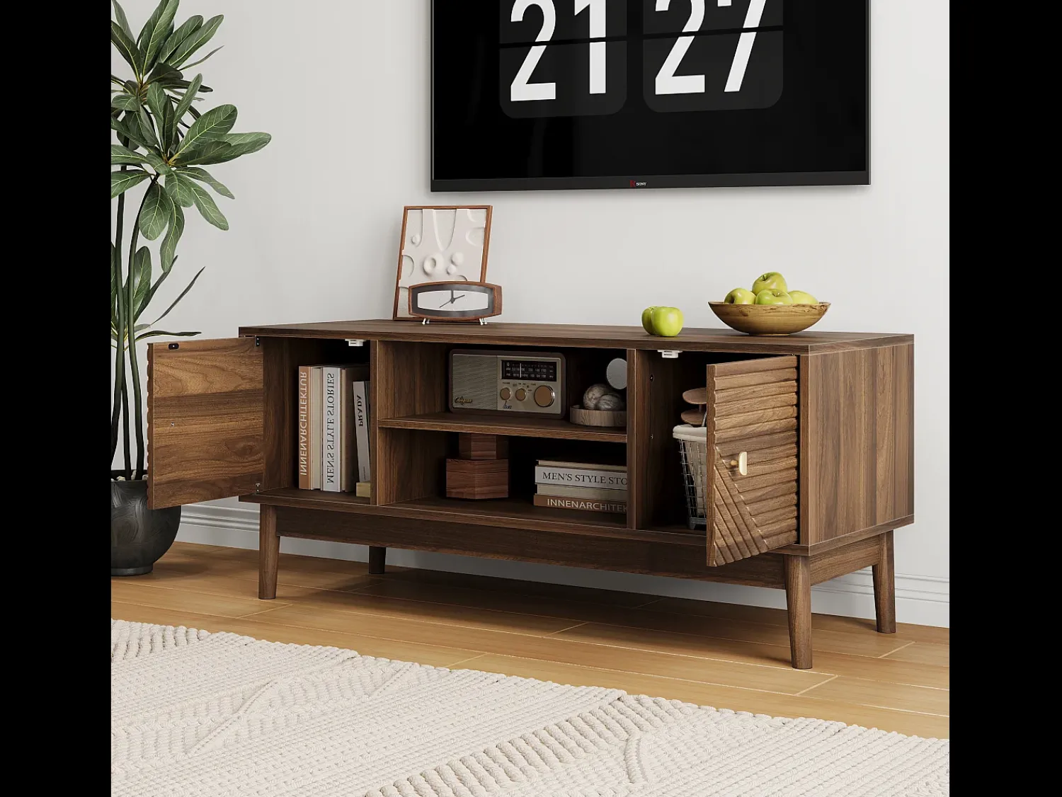 Móvel de TV moderno 110x40x48 cm - com espaço de armazenamento, para sala de estar, quarto, nogueira^ Móvel De Tv