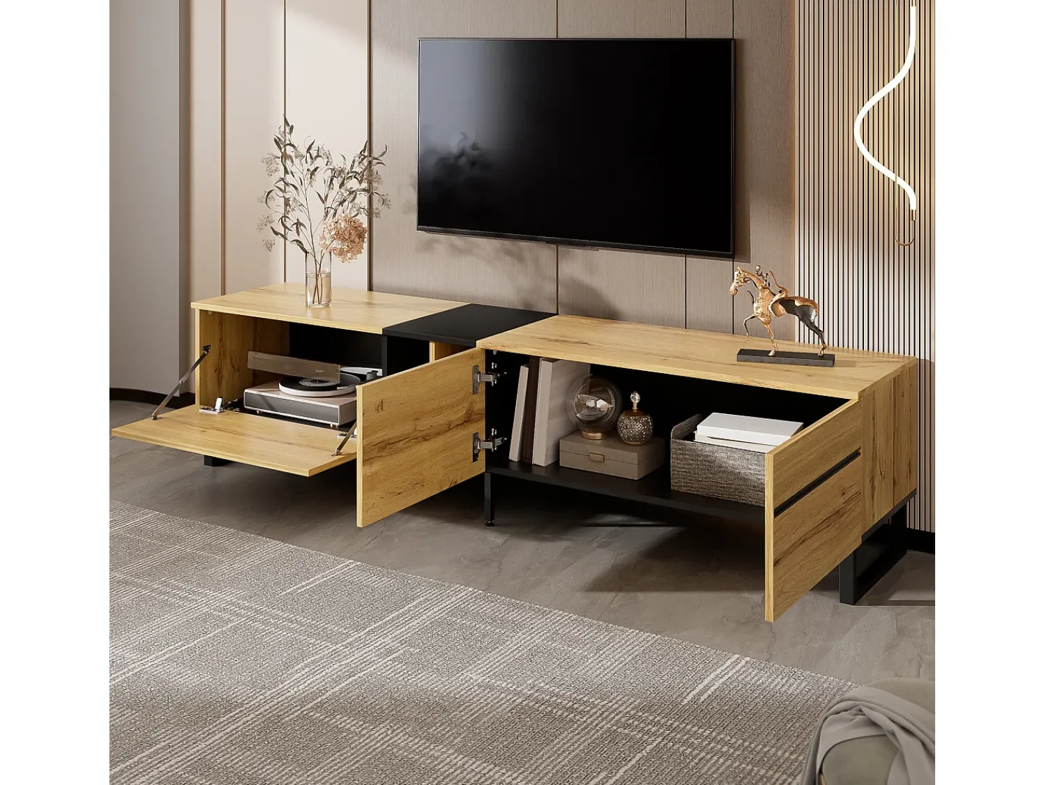 Móvel De Tv*ModernLuxe Móvel de TV moderno 180x38x45 cm - 3 portas - com prateleiras abertas - Natural Natural claro