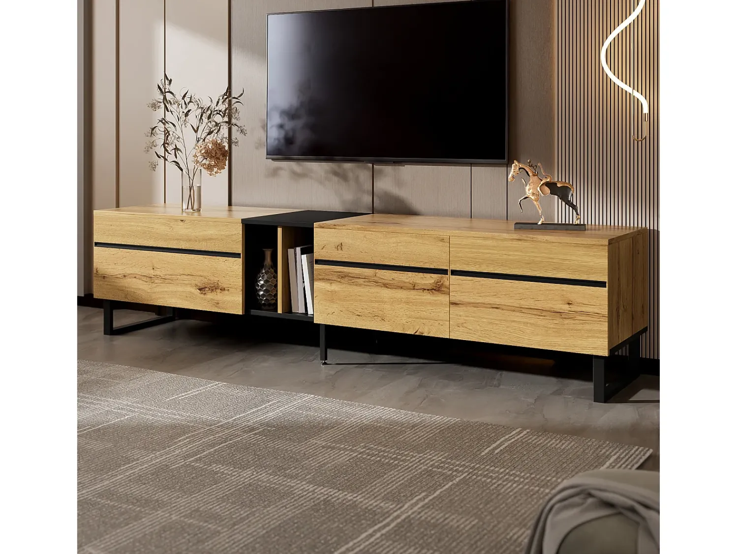 Móvel De Tv*ModernLuxe Móvel de TV moderno 180x38x45 cm - 3 portas - com prateleiras abertas - Natural Natural claro
