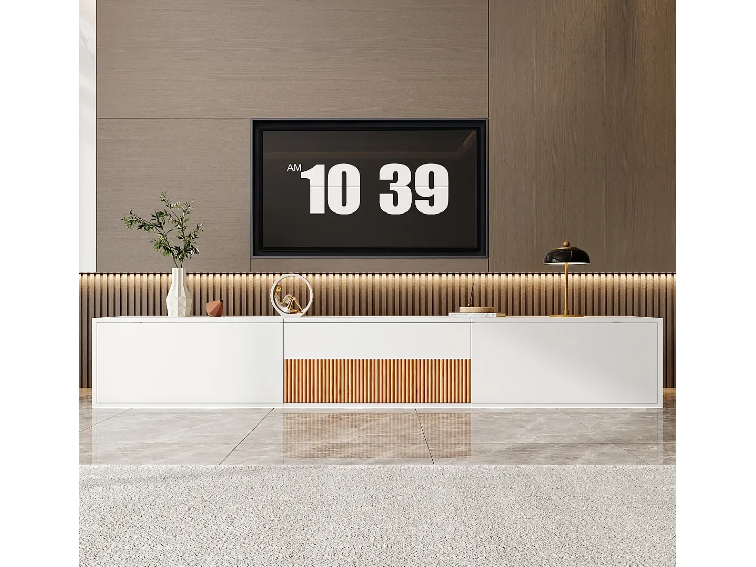 Móvel De Tv*ModernLuxe Móvel de TV moderno 180x34x30 cm - Fixação na parede/com pés - 3 portas - Prateleiras deslizantes - Painéis de partículas - e natural Branco