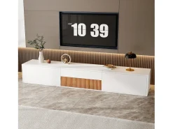 Móvel De Tv*ModernLuxe Móvel de TV moderno 180x34x30 cm - Fixação na parede/com pés - 3 portas - Prateleiras deslizantes - Painéis de partículas - e natural Branco