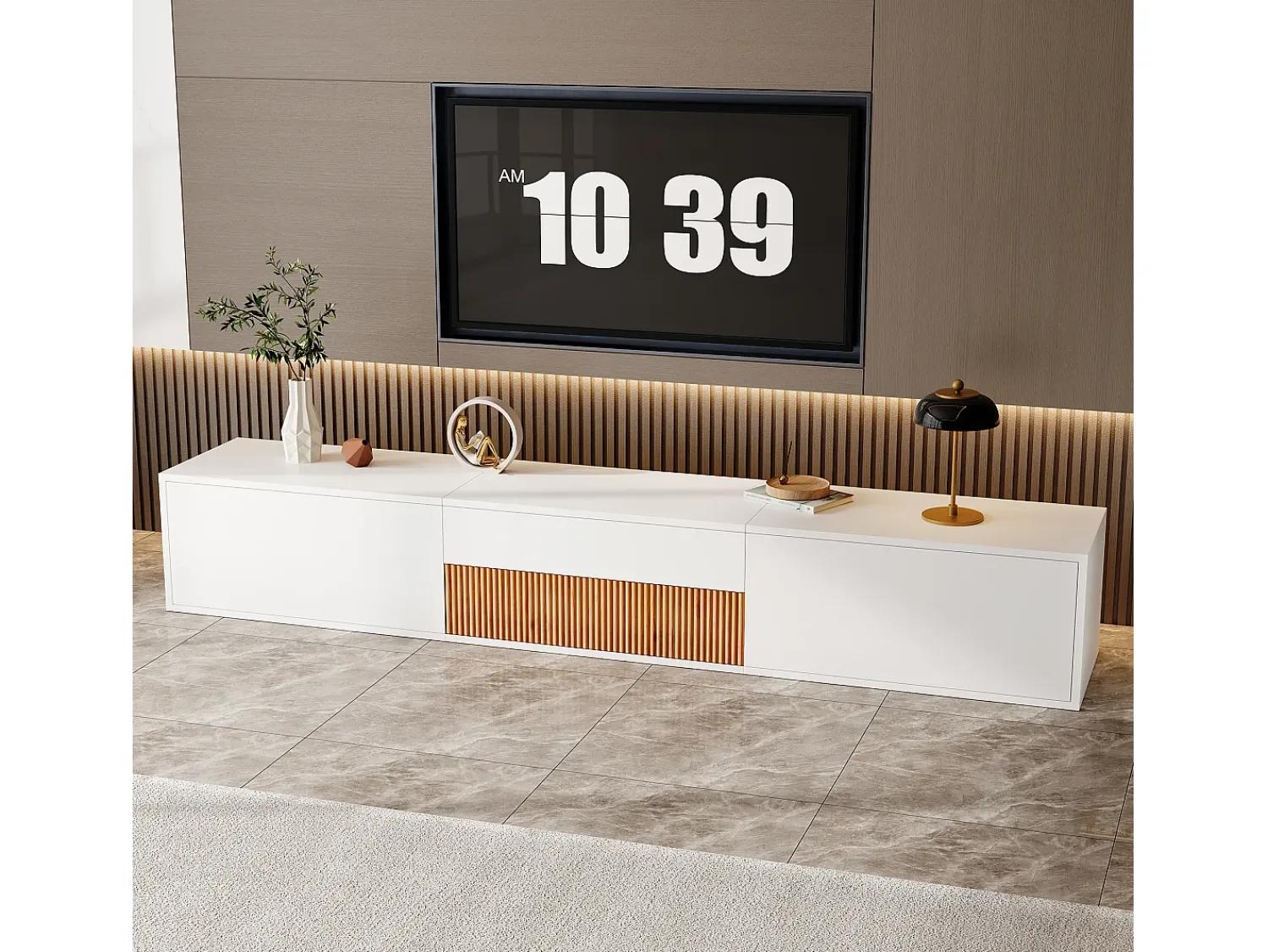 Móvel De Tv*ModernLuxe Móvel de TV moderno 180x34x30 cm - Fixação na parede/com pés - 3 portas - Prateleiras deslizantes - Painéis de partículas - e natural Branco
