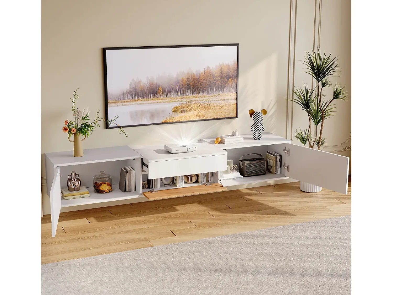 Móvel De Tv*ModernLuxe Móvel de TV moderno 180x34x30 cm - Fixação na parede/com pés - 3 portas - Prateleiras deslizantes - Painéis de partículas - e natural Branco